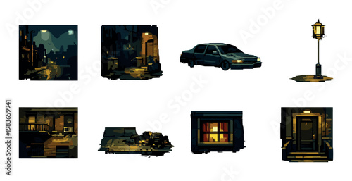 Urban night street scenes and architectural elements on dark background