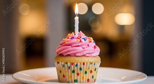 A festive cupcake with pink frosting, sprinkles, and a lit candle on a plate
