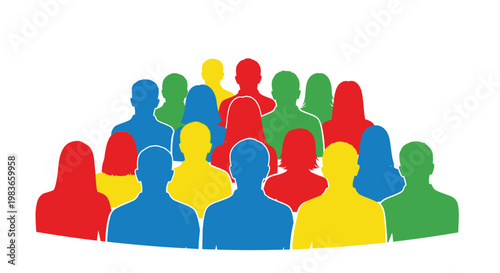 A vibrant collection of colorful human silhouettes are arranged in a dynamic group representing diversity and community silhouette high quality professional detailed modern elegant