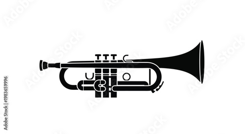 A black silhouette of a brass trumpet musical instrument depiction silhouette