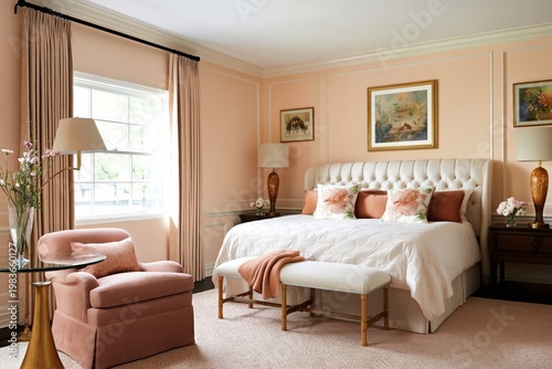 Cozy Bedroom With a Bed, Armchair, and Decorative Items in a Light-Colored Room