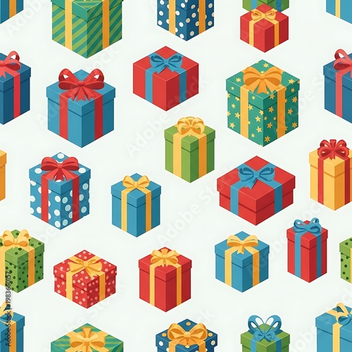 A festive, isometric pattern of colorful gift boxes with ribbons and bows