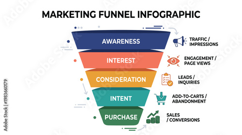Marketing funnel infographic illustrating customer journey stages from awareness to purchase