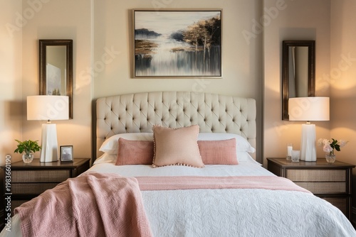 Cozy Bedroom With a Bed, Armchair, and Decorative Items in a Light-Colored Room