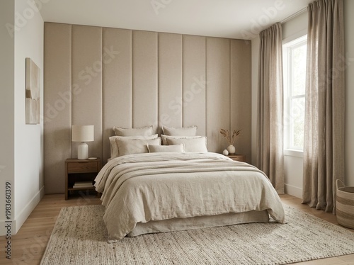 A premium empty bedroom in an elegant neutral palette with a linen bed against an upholstered wall, complemented by a curtain and