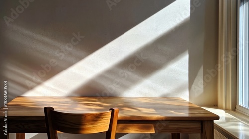Sunlight Casts Shadows on a Wooden Table Next to a Window in a Bright Room in...