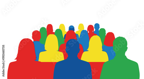 A vibrant and colorful depiction of a diverse group of people represented as flat solid shapes creating a striking silhouette high quality professional detailed