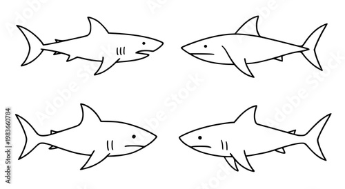 Shark illustration icon set with outline design