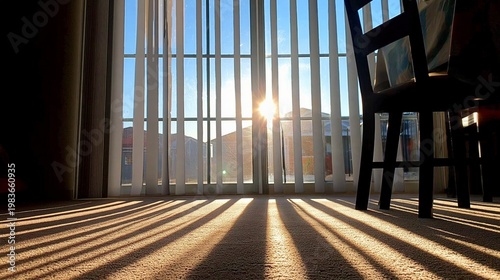 Sunlight Creates Patterns on a Wooden Desk in an Empty Classroom During After...