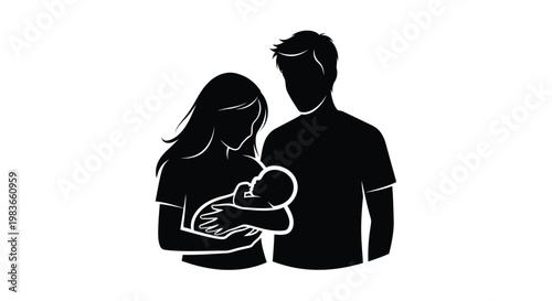 A loving couple cradling their newborn baby a striking silhouette