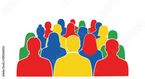 A vibrant and colorful collection of human figures are densely packed together creating a dynamic group portrait silhouette high quality professional detailed modern elegant