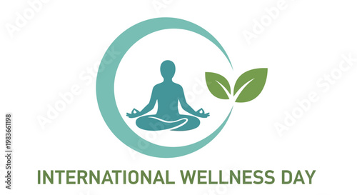 International wellness day logo featuring a meditating person and leaf elements