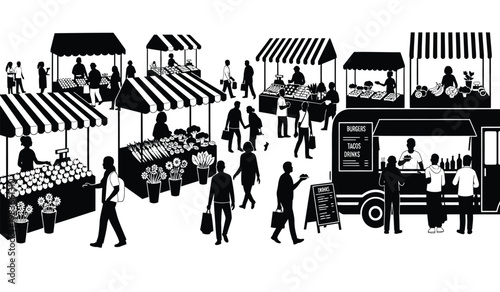 A bustling outdoor market scene with numerous vendor stalls food trucks and people shopping depicted in silhouette high quality professional detailed modern elegant stylish