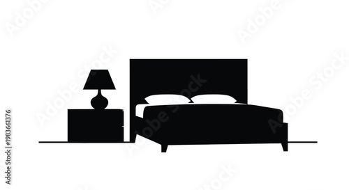 Minimalist bedroom scene featuring a bed and bedside table silhouette