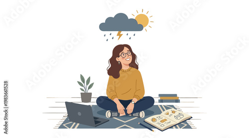 Young Woman Sitting on Floor with Laptop and Notebook Feeling Mixed Emotions with Sun and Rain Cloud Above Her Head in Home Office