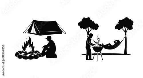 Camping scene with tent campfire and hammock in black silhouette