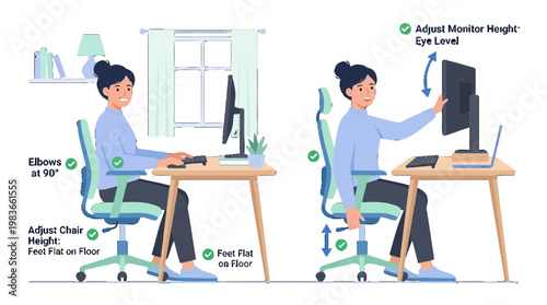 Ergonomic Office Workspace Setup Guide Showing Proper Sitting Posture and Monitor Height Adjustment for Healthy Remote Work Habits