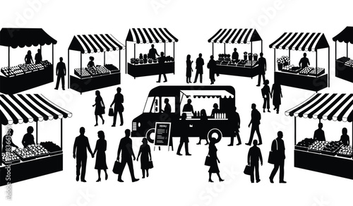 A bustling outdoor farmers market scene is depicted with numerous stalls and people rendered entirely as a striking silhouette high quality professional detailed modern