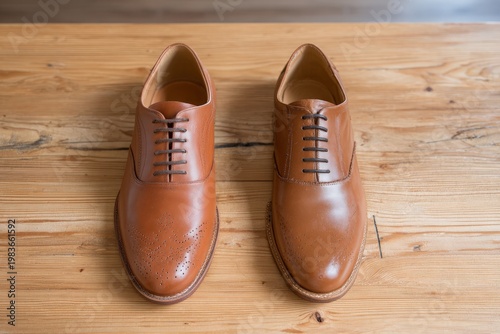 Pair of brown leather brogue oxford shoes on wooden table