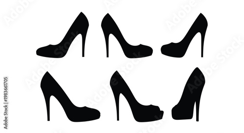 A collection of black high heels presented as a stark silhouette