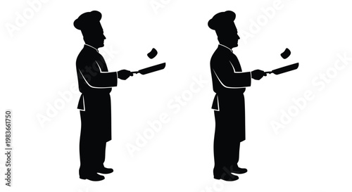 Two chefs flipping pancakes in a striking black silhouette