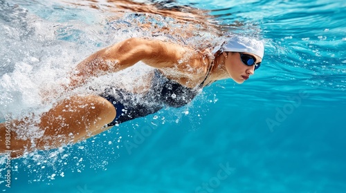 Swimmer Glides Through Clear Water in Tropical Location During Sunny Day