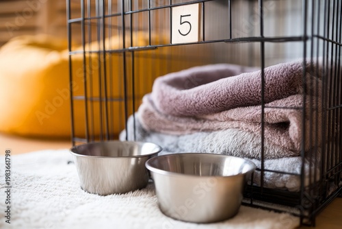 Dog crate with stacked blankets and food bowls on white rug