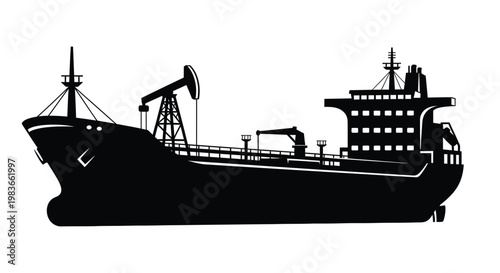 A stark black silhouette depicts a large oil tanker ship at sea showcasing its industrial features silhouette high quality professional detailed modern elegant stylish