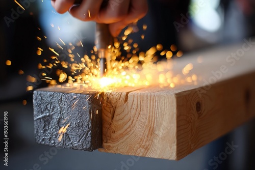 Person working on wooden beam sparks flying from tool on dark background