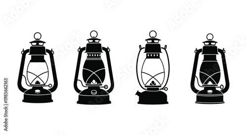 Four vintage kerosene lanterns displayed in a black silhouette