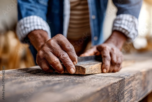 African American hands smoothing wood plank with sandpaper in workshop