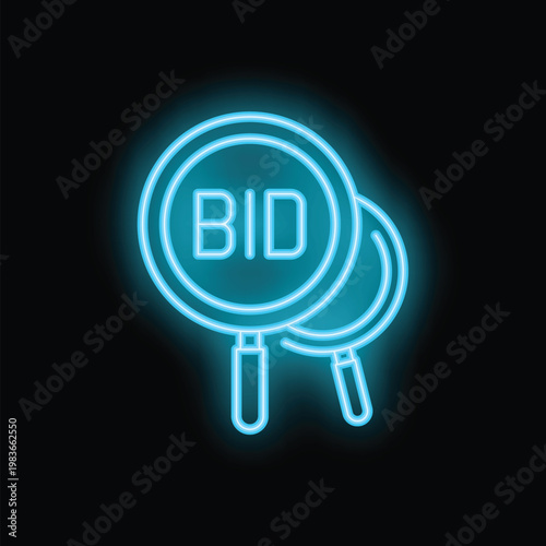 Blue neon bid sign is glowing on dark background representing concept of auction or tender