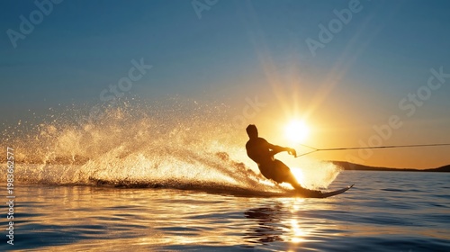 Sunset Water Skiing Over Calm Water Near the Shore