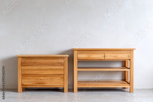 Wooden chest of drawers and shelf unit displayed against a light grey wall