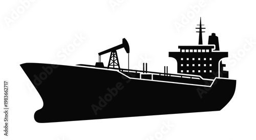 A stark black silhouette depicts a large oil tanker at sea showcasing its industrial design and form silhouette high quality professional detailed modern elegant