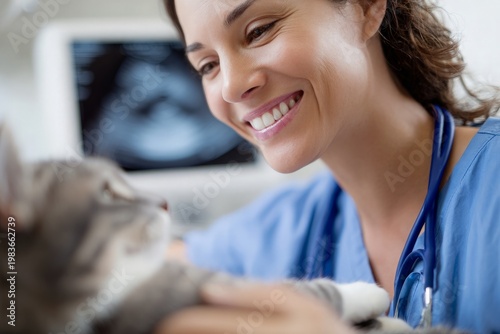 Veterinarian caring for cat with ultrasound screen in background