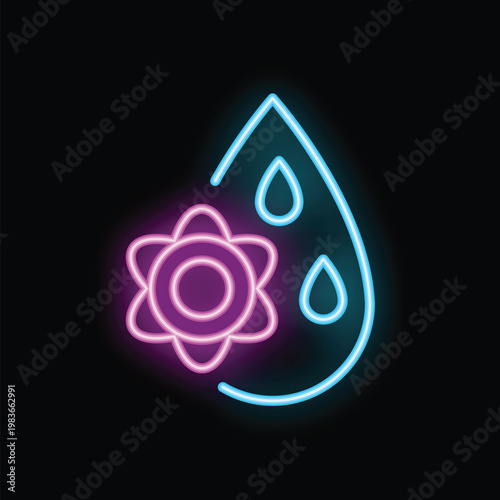 Vibrant neon icon featuring a water drop and a flower, symbolizing the concept of watering plants
