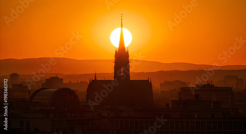Silhouette of war memorial at sunset with dramatic orange sky on Memorial Day