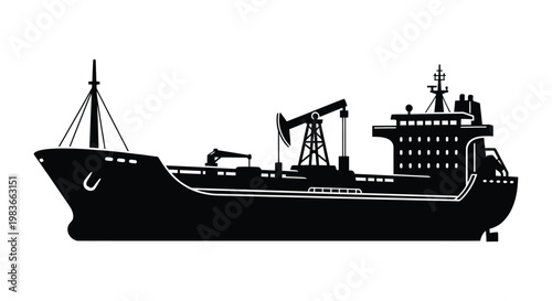A striking black silhouette depicts a large oil tanker ship at sea showcasing its industrial design silhouette high quality professional detailed modern elegant stylish