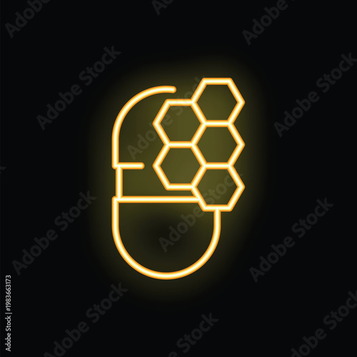 Glowing neon icon of a pill merging with a honeycomb structure, symbolizing natural medicine and healthy living