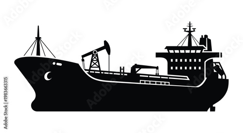 A striking black graphic showcases a large oil tanker vessel from a side view emphasizing its industrial structure silhouette high quality professional detailed modern