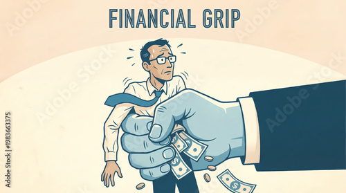 Financial pressure concept showing businessman trapped in powerful hand gripping money stress and economic struggle