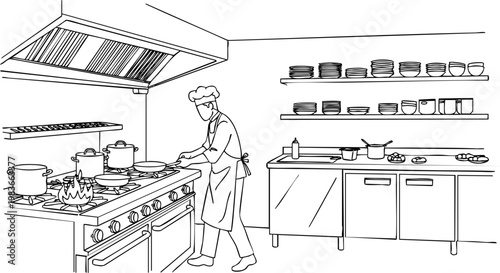 A professional chef cooking gourmet meals on a hot stove in this detailed black and white vector illustration.