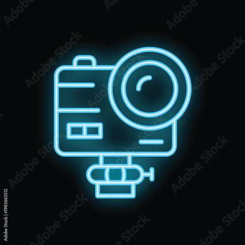 Bright blue neon sign depicting an action camera mounted on a tripod, evoking a sense of adventure and modern technology