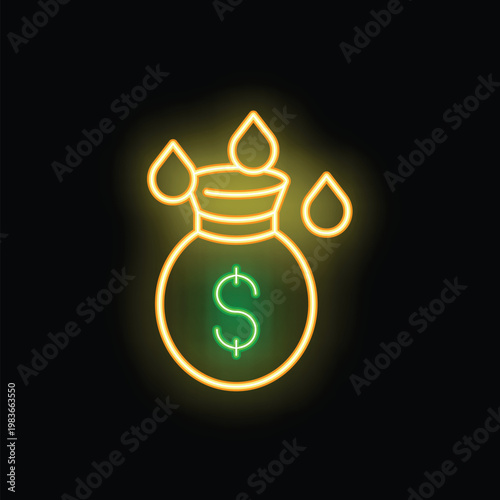 Neon sign illustrating a money bag with dollar symbol receiving drops, conveying the concept of investment, income, or financial growth