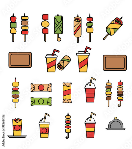 Street Food and Snack Vector Icon Set with BBQ Skewers and Drinks