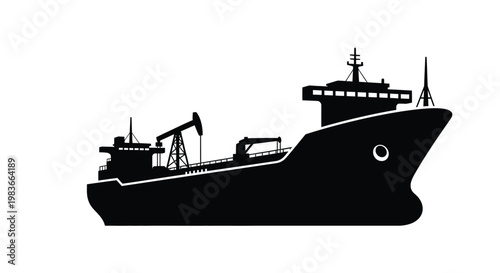 A striking black silhouette depicts an oil tanker at sea showcasing its industrial architecture and form silhouette high quality professional detailed modern elegant stylish