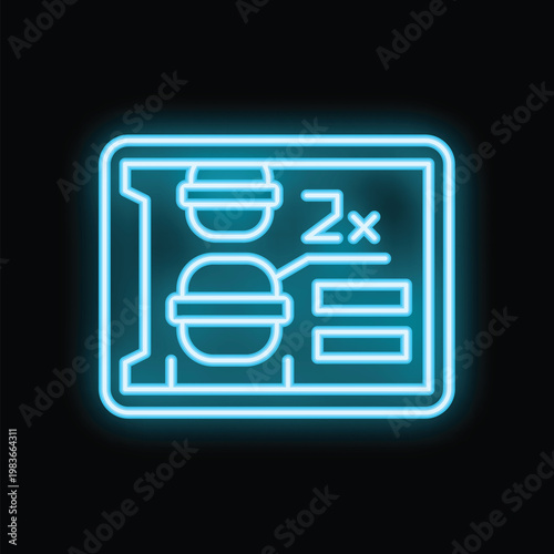 Glowing blue neon icon of computer hardware representing ssd drive on the black background