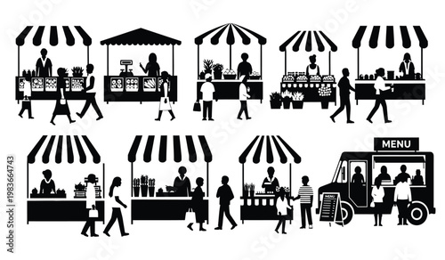 A bustling outdoor farmers market scene is depicted with several vendor stalls and customers shopping presented as a silhouette high quality professional detailed modern