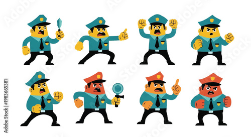 Cartoon policemen posing in various gestures vector illustration set